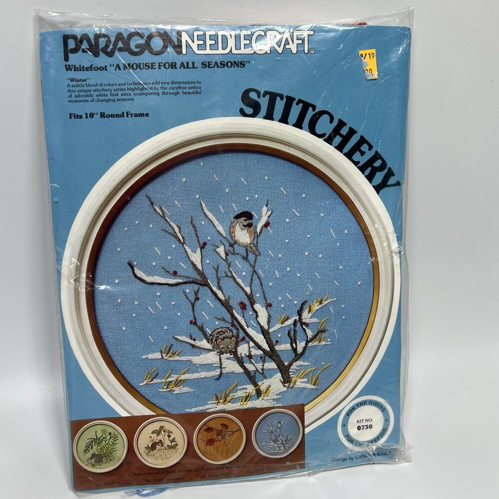 1978 Paragon Crewel Kit Mouse For All Seasons Snow Winter 10" Round 0730